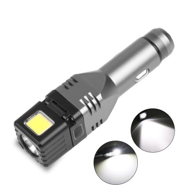 Cigarette plug flashlight plus work light, with safety hammer
