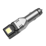 Cigarette plug flashlight plus work light, with safety hammer