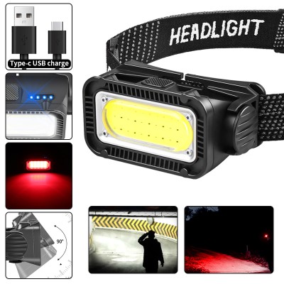 Rechargeable COB LED headlamp with red warning light