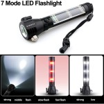 Solar flashlight + seat belt cutter + safety hammer + power bank + warning light