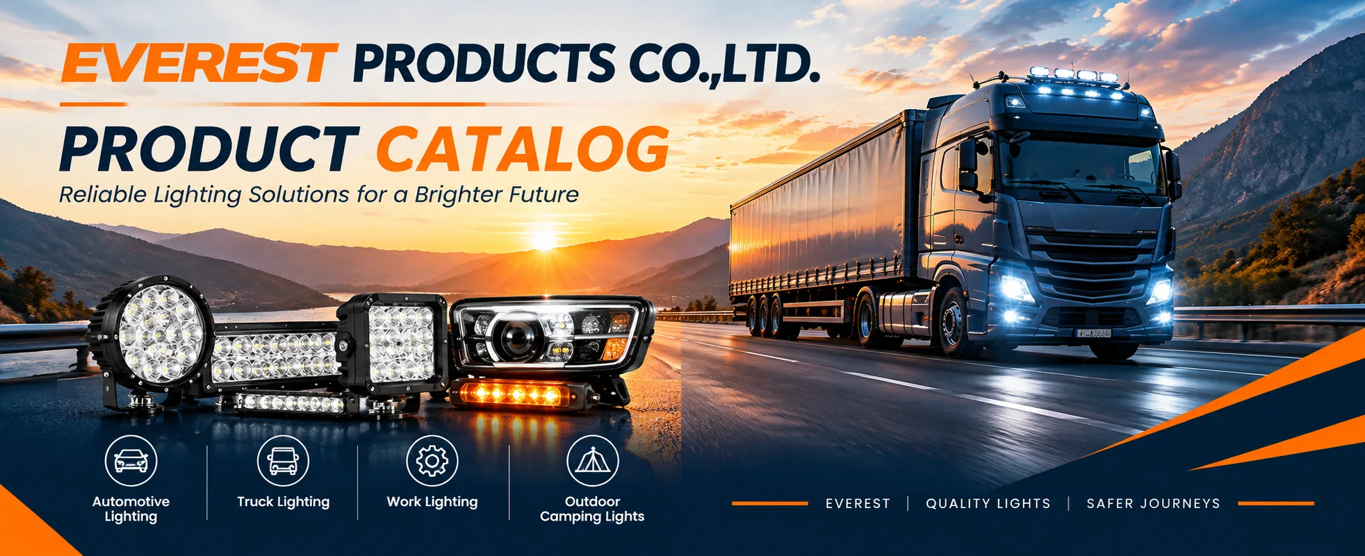 EVEREST lighting catalog cover with automotive lamps and a truck on a mountain road