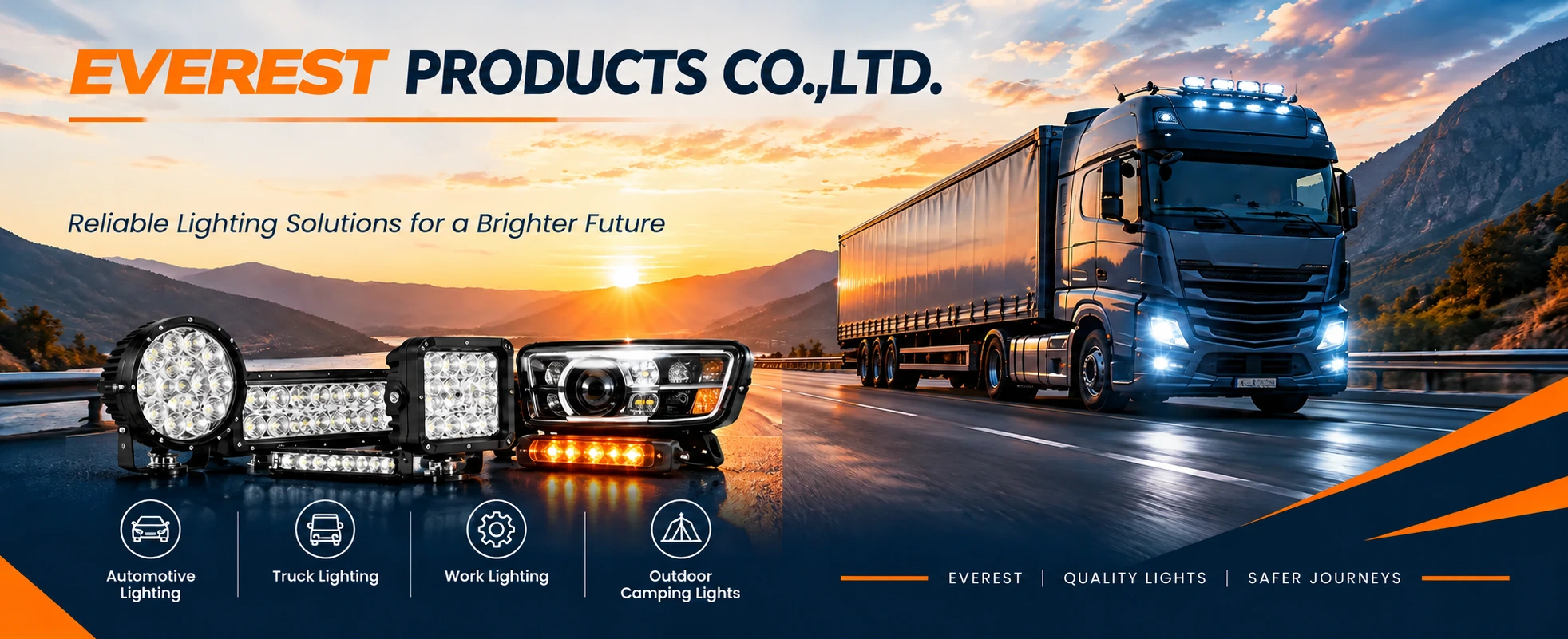 EVEREST automotive lamps and truck on a mountain road