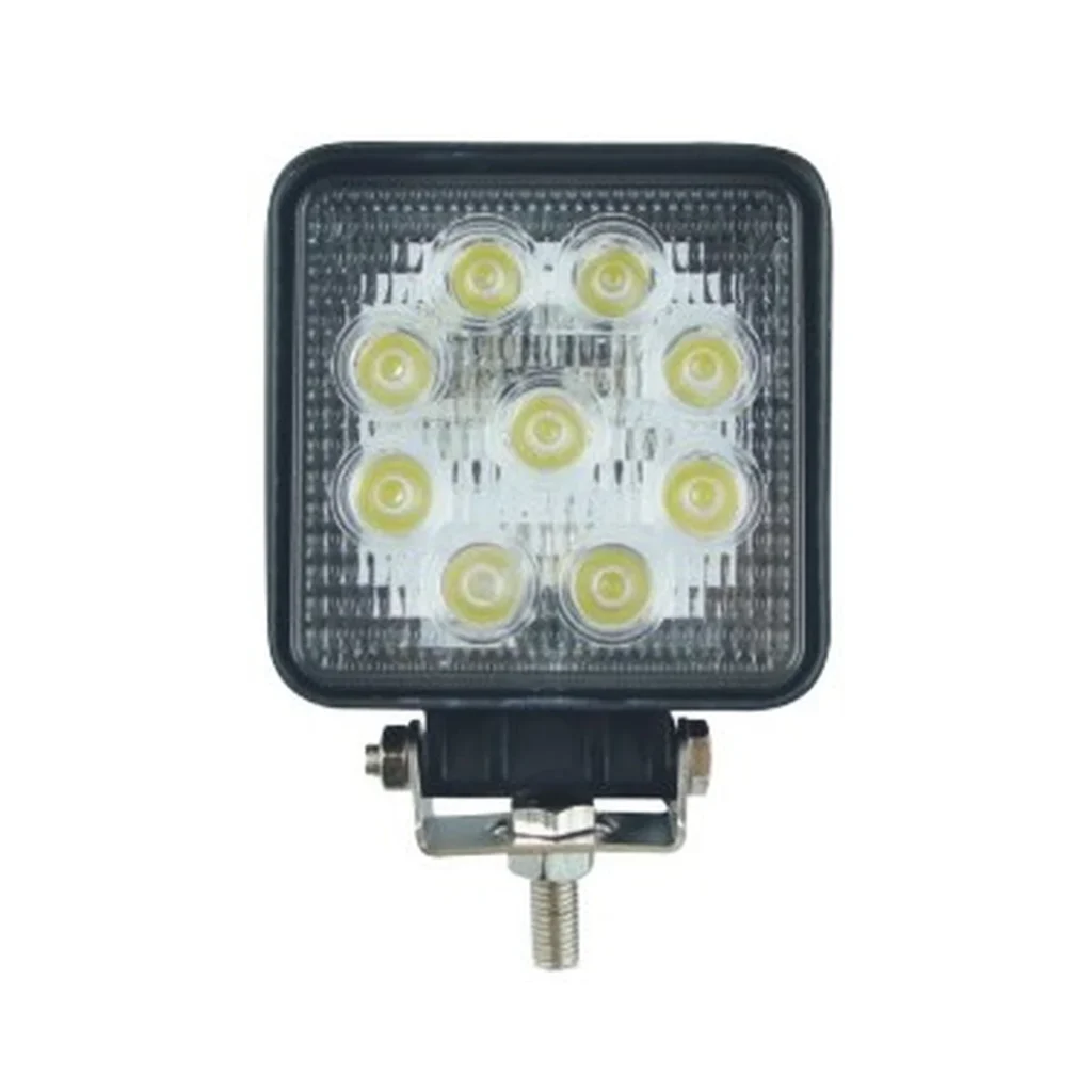 EV-006-27W automotive LED work light, front view with mounting bracket